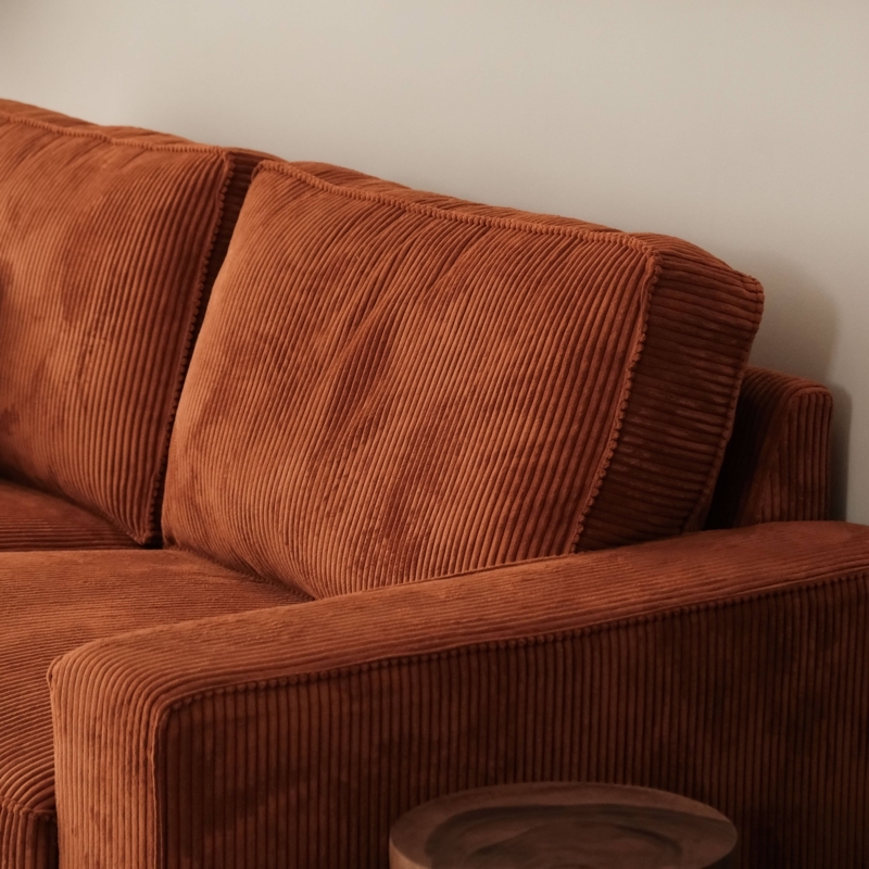 Sofa Umber Brown Wide Ribbed Corduroy Piped Edges Track Arms