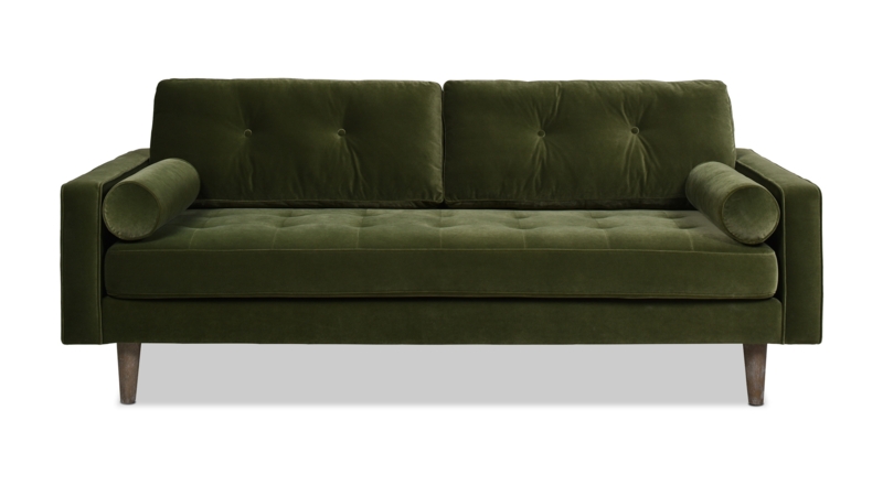 Sofa, Velvet, Tufted Bench Seat, Cylindrical Bolsters