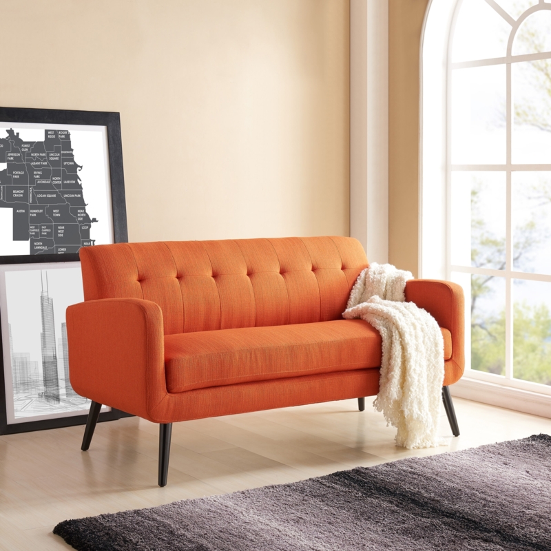 Sofa Vibrant Orange Linen-Like Button Tufted Tapered Black Legs