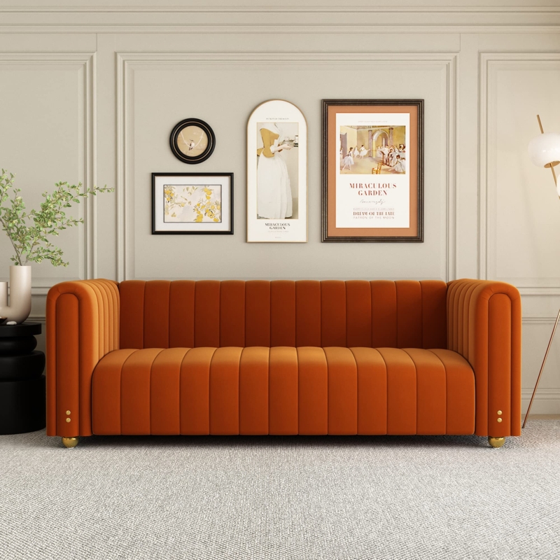 Sofa Vibrant Orange Velvet Deep Channel Tufting Gold Legs