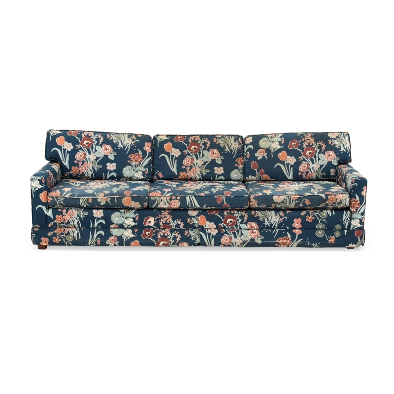 Sofa Vintage Navy Blue Floral Tapestry Skirted Track Arms