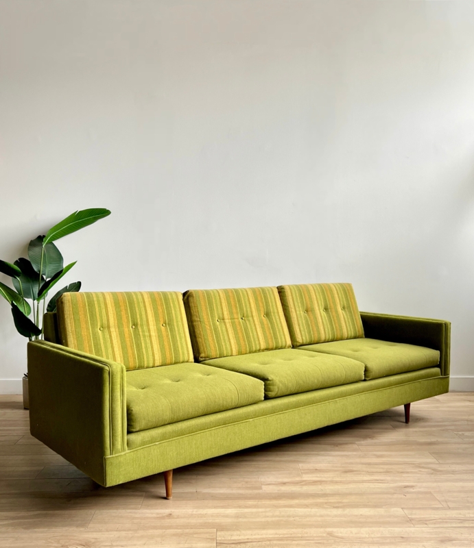 Sofa, Vintage Olive Green, Striped Back Cushions, Tapered Legs