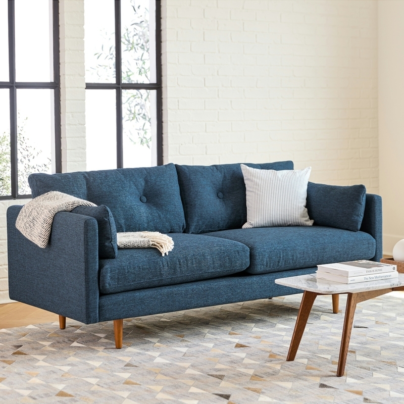 Sofa with Angled Wood Legs and Single Button Tufting, Mid Century