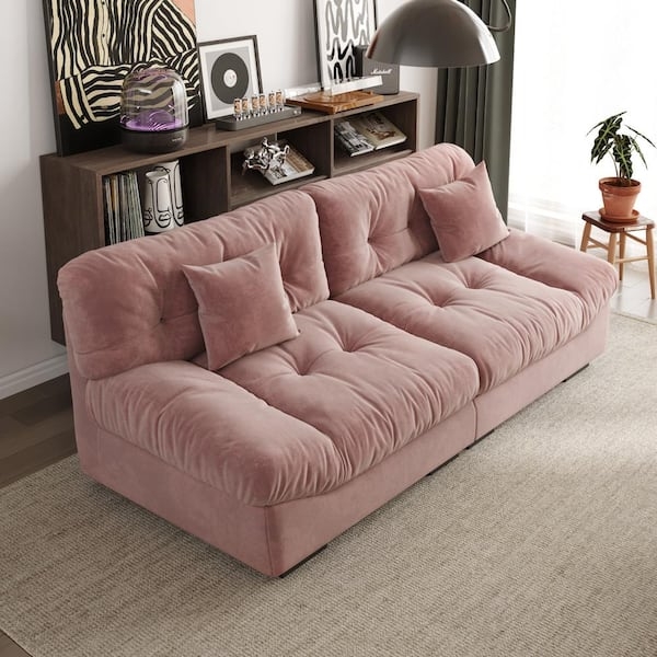 Sofa with Biscuit Tufting and Overstuffed Silhouette in Coral Pink Velvet