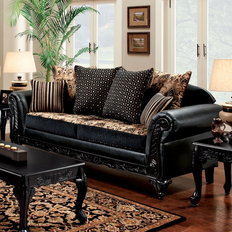 Sofa with Carved Wood Trim, Traditional Ornate Black Rolled Arm Couch