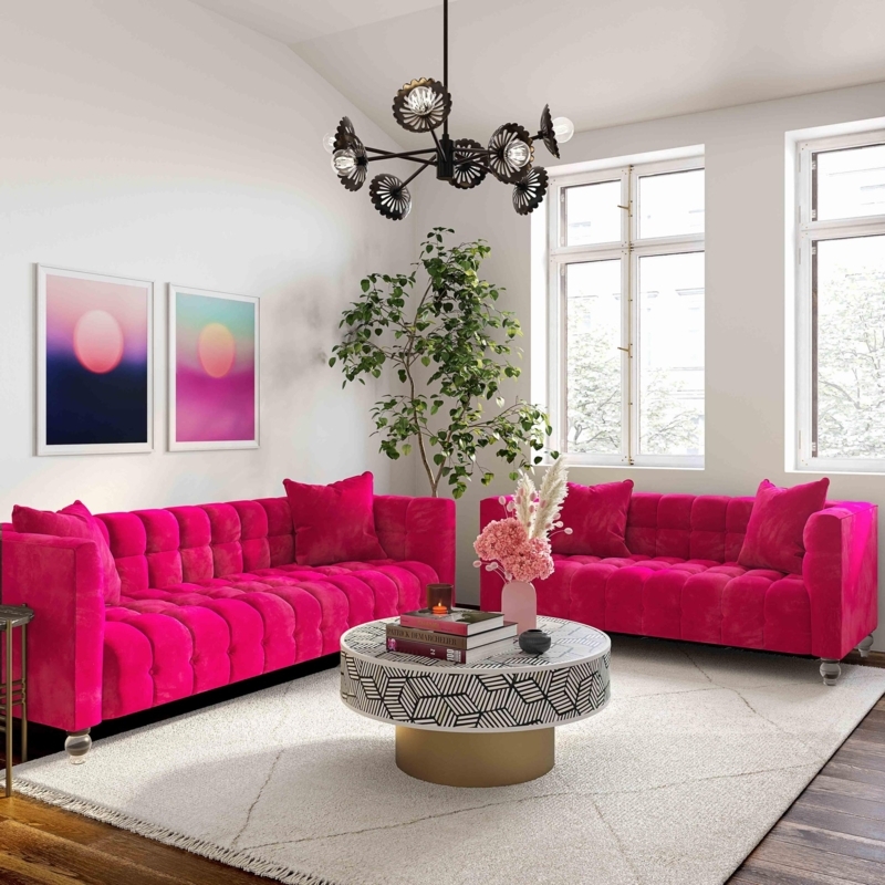 Sofa with Clear Acrylic Legs in Hot Pink Velvet and All-Over Button Tufting