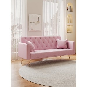 Sofa with Diamond Tufting and Gold Tapered Legs in Blush Pink Velvet