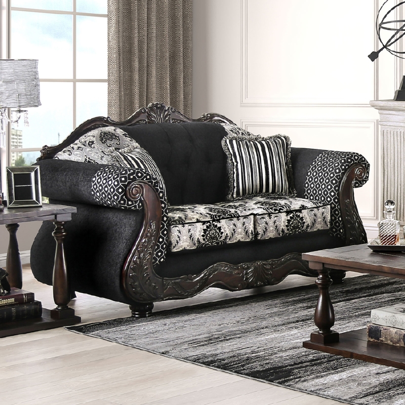 Sofa with Ornate Scrolled Frame, Mixed Monochrome Patterns and Tufted Back