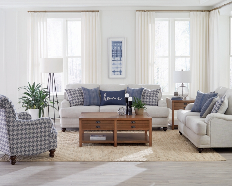 Sofa With Rolled Arms And Navy Houndstooth Accents