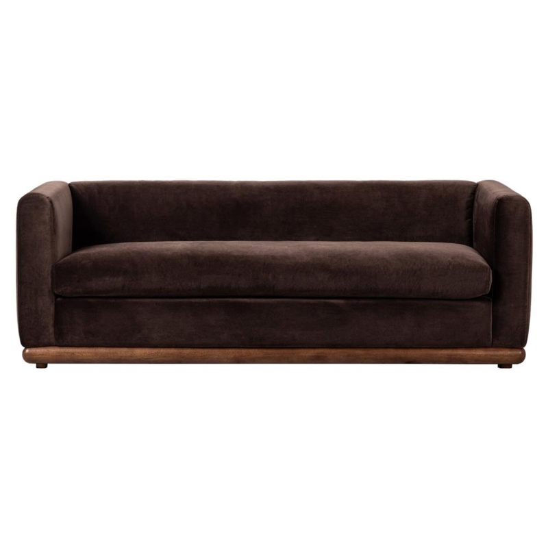 Sofa with Wood Plinth Base and Tuxedo Silhouette in Dark Velvet