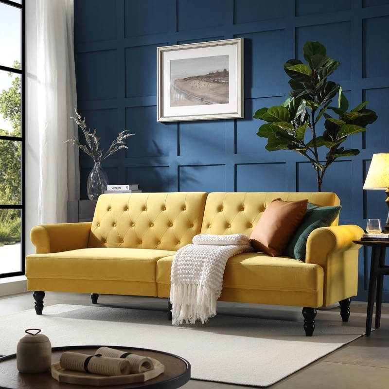 Sofabed in Mustard Yellow Velvet Chesterfield Style with Split Back