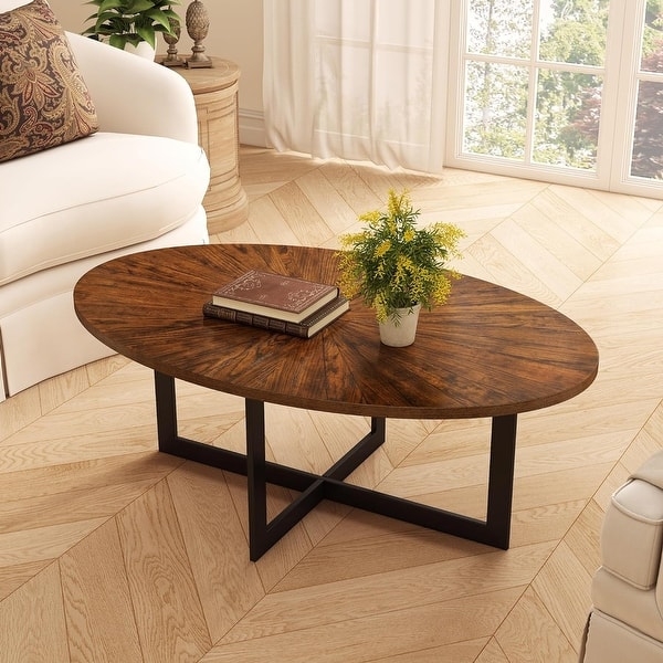 Solid Wood Contemporary Oval Coffee Table with Cross Metal Legs - Bed Bath  & Beyond - 36581884