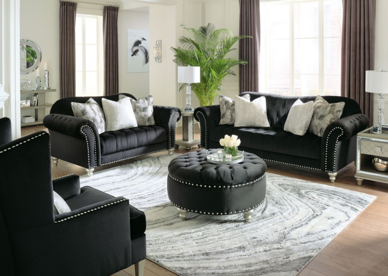 Sophisticated Glam Living Room Set, Silver Nailhead Trim, Rolled Arms.