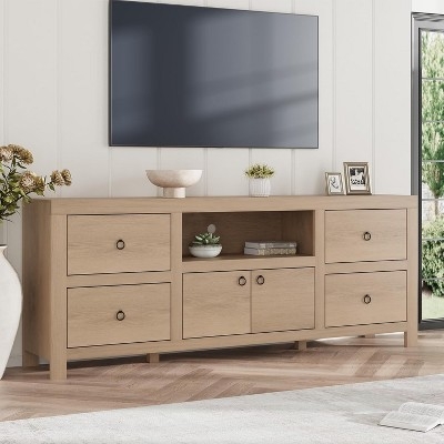 Soundbar Shelf Media Unit Light Wood Ring Pulls Six Drawers