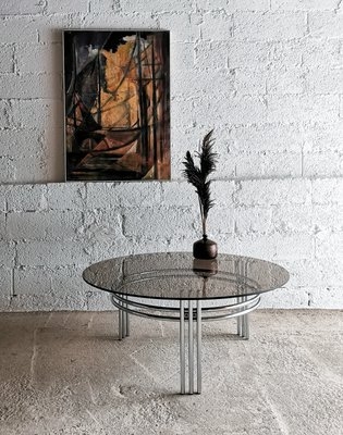 Space Age Round Coffee Table with Smoked Glass and Triple-Pillar Legs