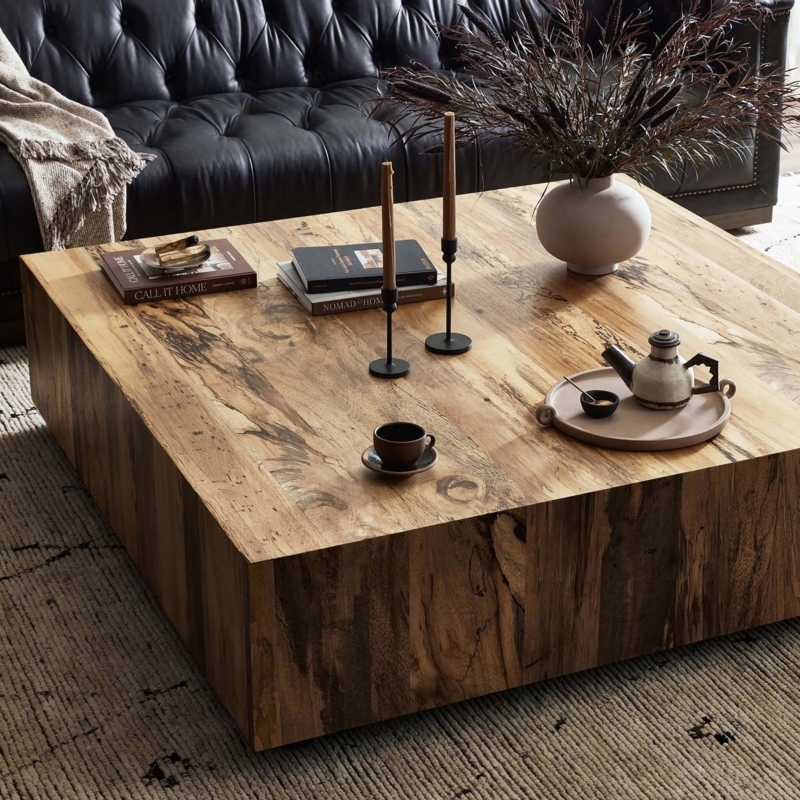 Spalted Wood Coffee Table with Oversized Square Block Base Silhouette