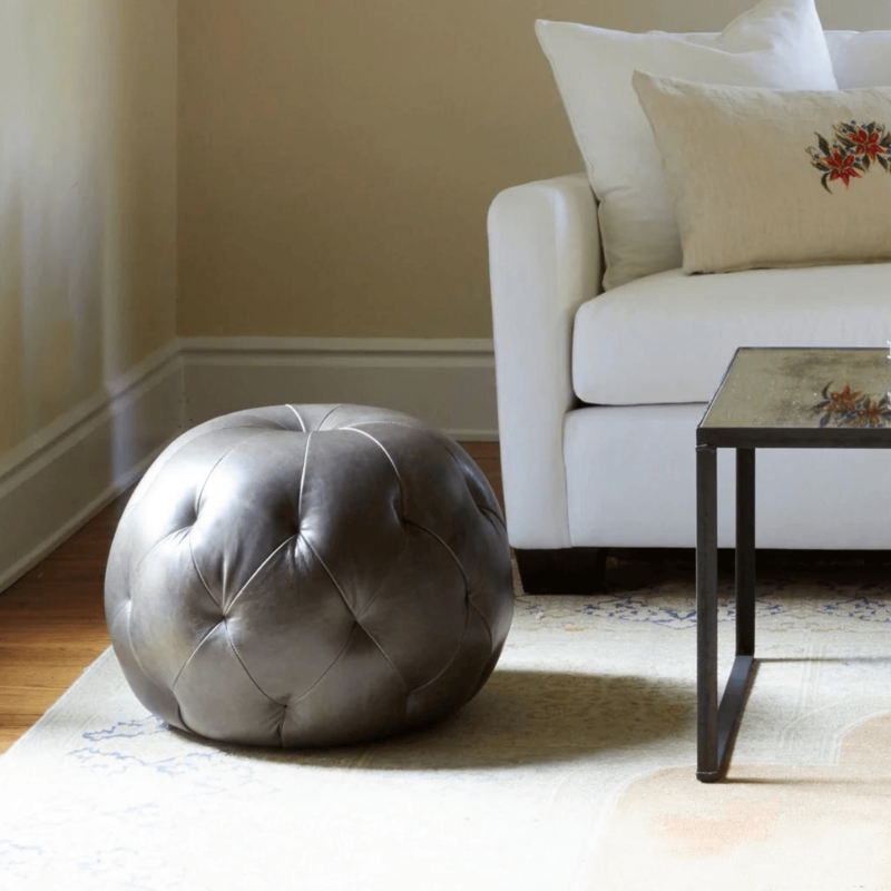 Spherical Pouf Ottoman Charcoal Leather-like Diamond Tufted