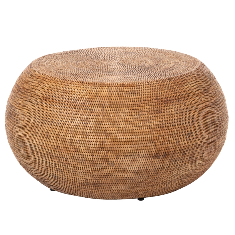 Spiral Weave Drum Coffee Table, Honey Brown Rattan, Coastal Boho