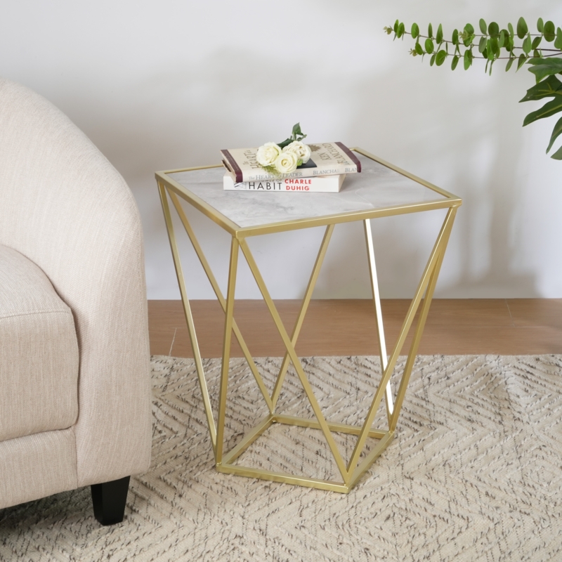 Square Accent Table Marble Patterned Top Geometric Base