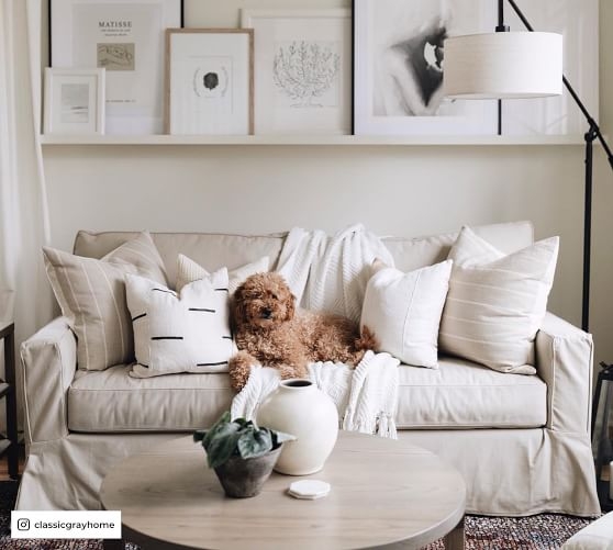 Square Arm Slipcovered Sofa with Loose Back Cushions in Beige