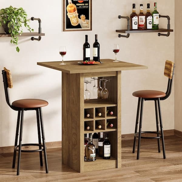 Square Bar Table with Storage Built-in Wine Rack Pedestal Oak Finish
