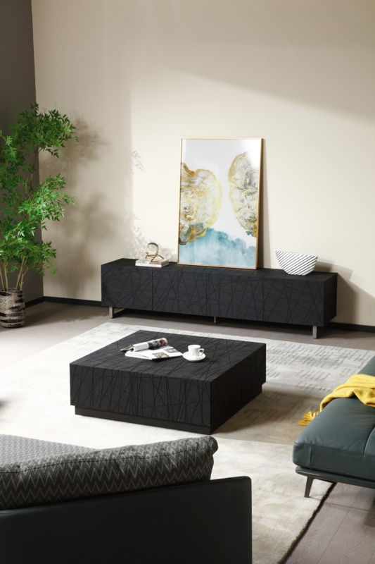 Square Block Coffee Table Etched Linear Pattern Black Oak Charcoal