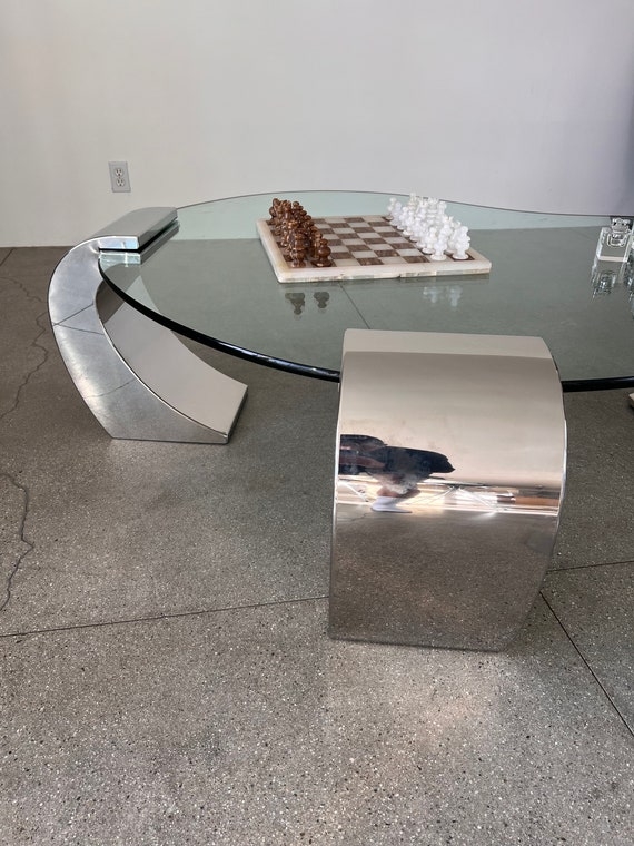 Square Chrome Coffee Table with Inset Glass Top and Thick Legs