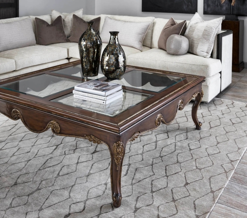 Square Cocktail Table with Quadrant Glass Top and Ornate Cabriole Legs