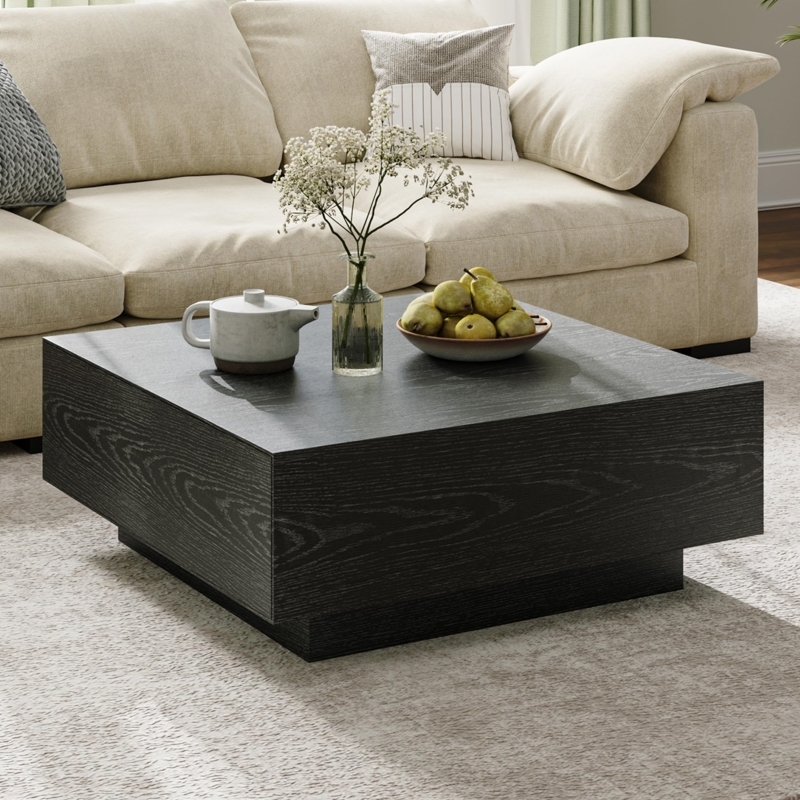Square Coffee Table Dark Wood Grain Plinth Base Low Profile