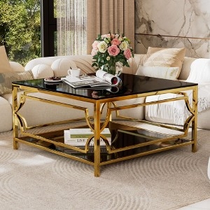 Square Coffee Table featuring Two-Tier Black Glass and an Openwork Frame