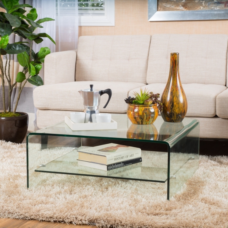 Square Coffee Table in Clear Bent Glass with Integrated Shelf