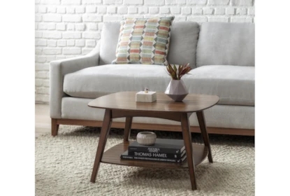 Square Coffee Table Mid-Century Wood Toned Tapered Legs Lower Shelf