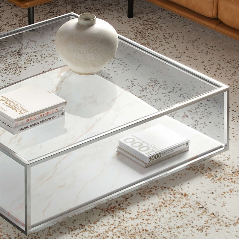 Square Coffee Table Polished Metal Frame Marble Shelf