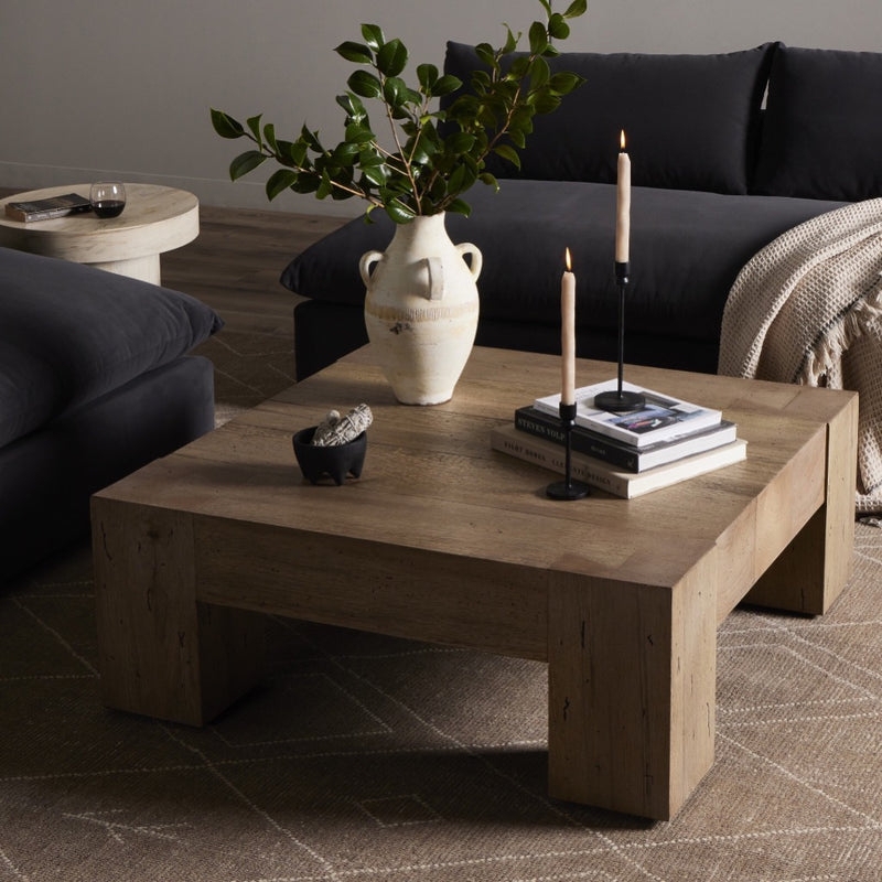 Square Coffee Table Rustic Wormwood Texture Chunky Block Leg Design