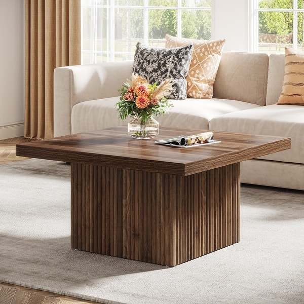 Square Coffee Table Vintage Brown Wood Slat Shelf Farmhouse