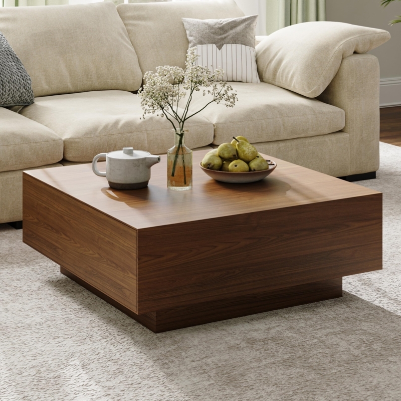 Square Coffee Table Walnut Finish, Minimalist Wood Pedestal Base