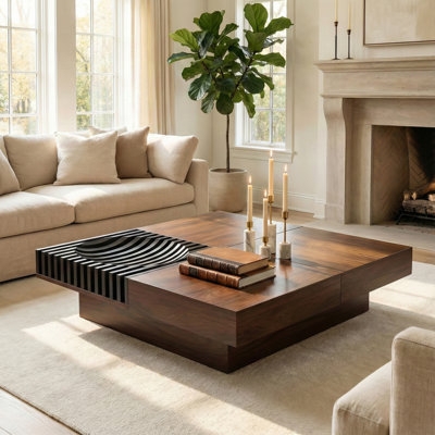 Square Coffee Table Walnut Ribbed Wave Inset Plinth Base