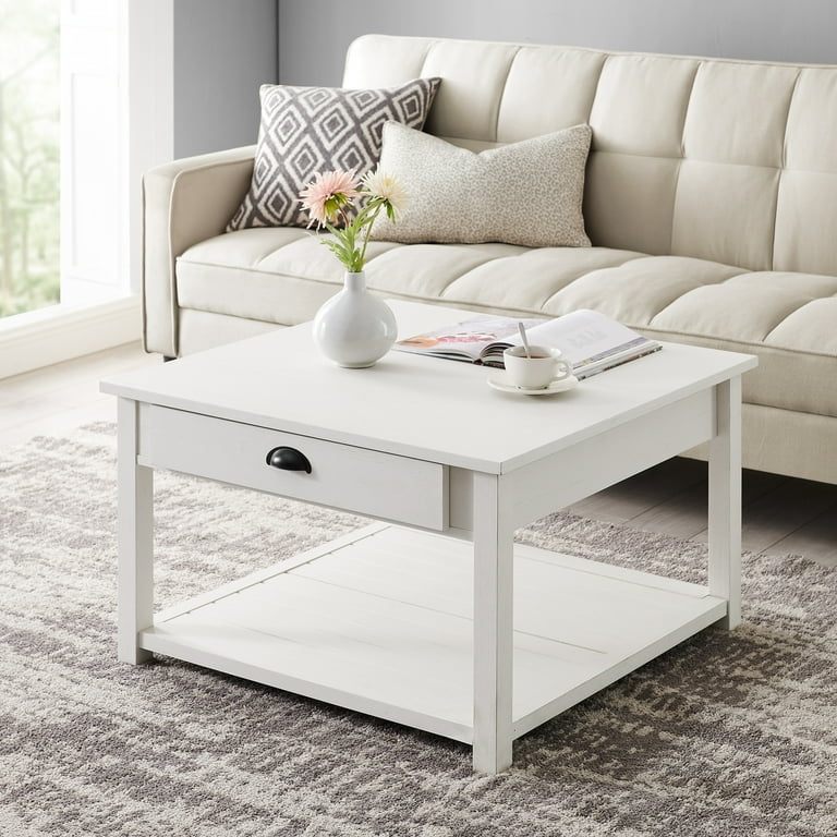 Square Coffee Table White Brushed Finish Storage Drawer Black Cup Pull