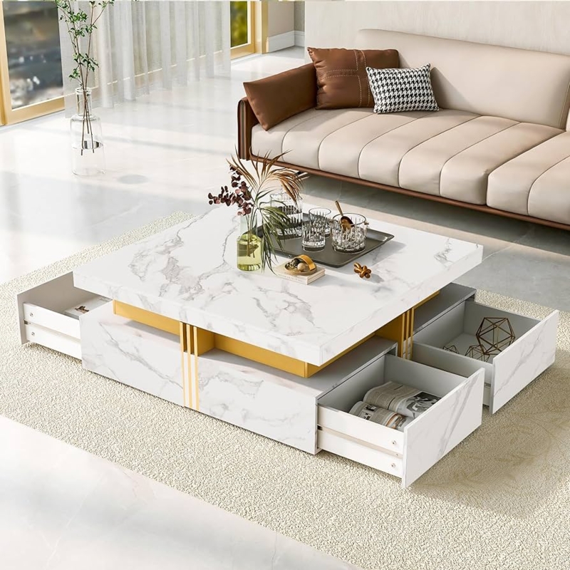 Square Coffee Table White Marble Gold Metal Four Drawers