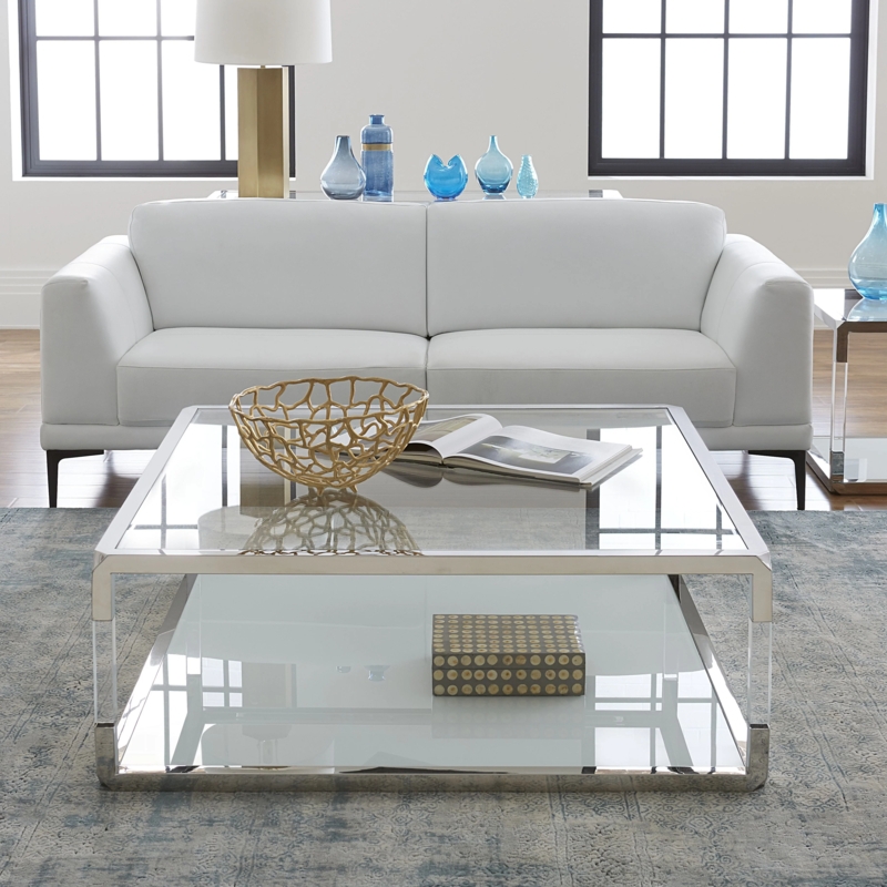 Square Coffee Table with Acrylic Supports and Two-Tier Glass Surface