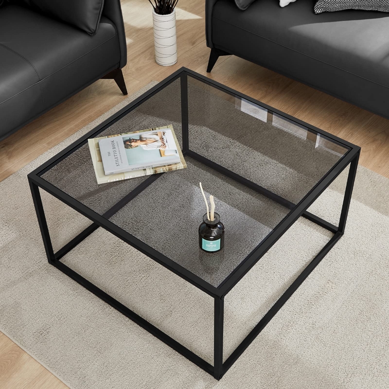 Square Coffee Table with Smoke Grey Tinted Glass and Two-Tier Storage