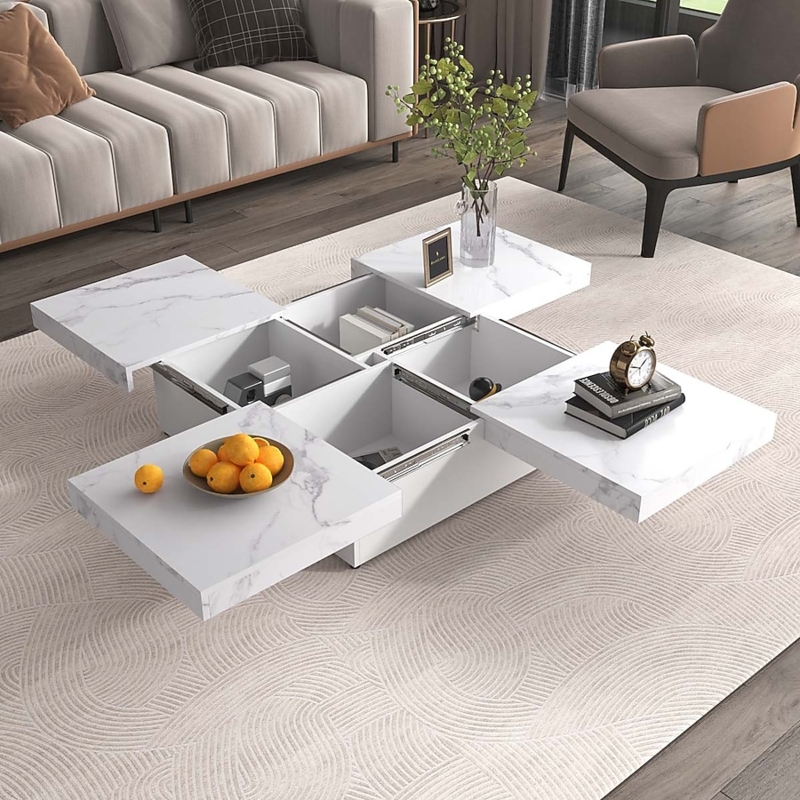 Square Coffee Table with unique Sliding Top and Faux Marble Veneer Finish
