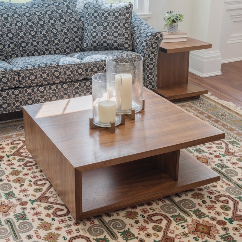 Square Coffee Table, Wood Tone Finish, Tiered Open Shelf Design, Blocky