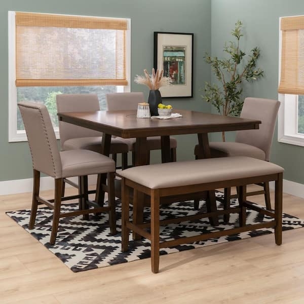 Square Counter Height Dining Set with Beige Nailhead Trim Chairs