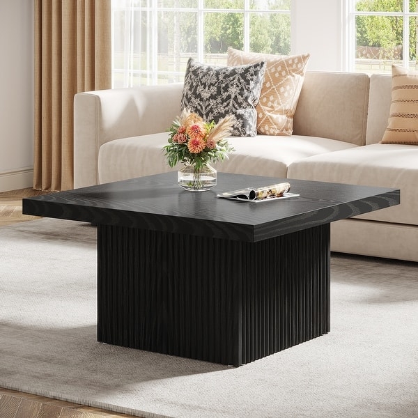 Square Dark Wood Coffee Table with striking Ribbed Pedestal Base