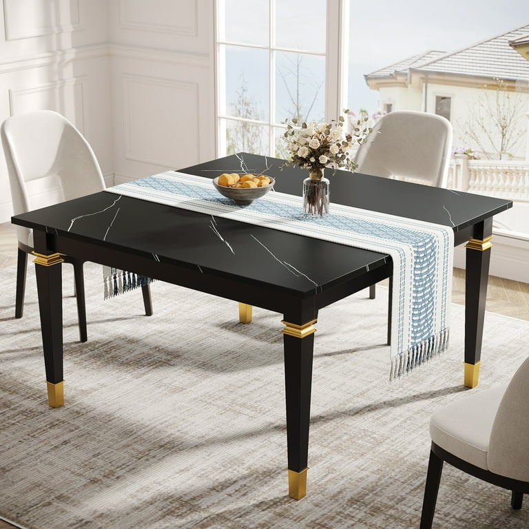Square Dining Table Black Faux Marble Top Gold Accents Kitchen