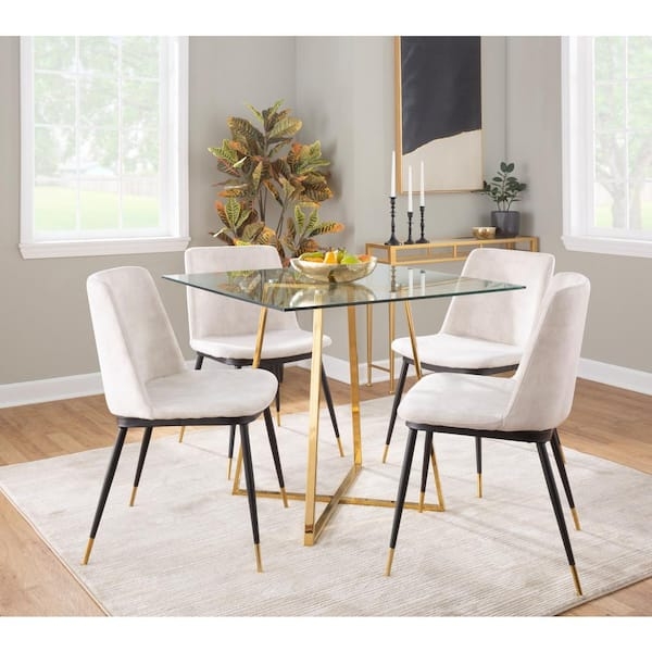 Square Dining Table Glass Top Metallic X-Base Frame Tipped Legs
