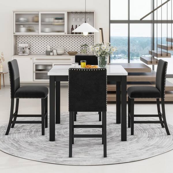 Square Dining Table Set Faux Marble Top 5 Piece Counter Height