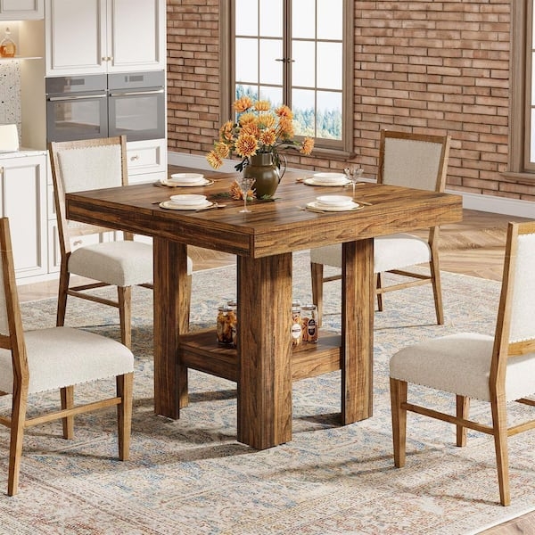 Square Dining Table Set Lower Shelf Block Legs Nailhead Trim