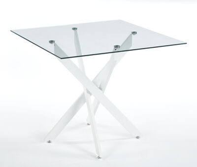 Square Dining Table Tempered Glass Top White Metal X-Base Legs